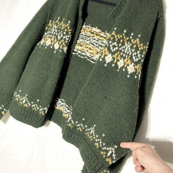 Handmade Hand Knit Green Yellow Open Front Cardigan XL - Picture 5 of 11